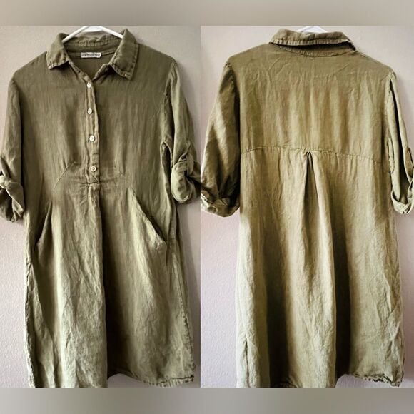 ELENA BALDI 100% LINEN KHAKI GREEN TAB SLEEVE SHIRT POCKETS DRESS ITALY SIZE S - Picture 2 of 7